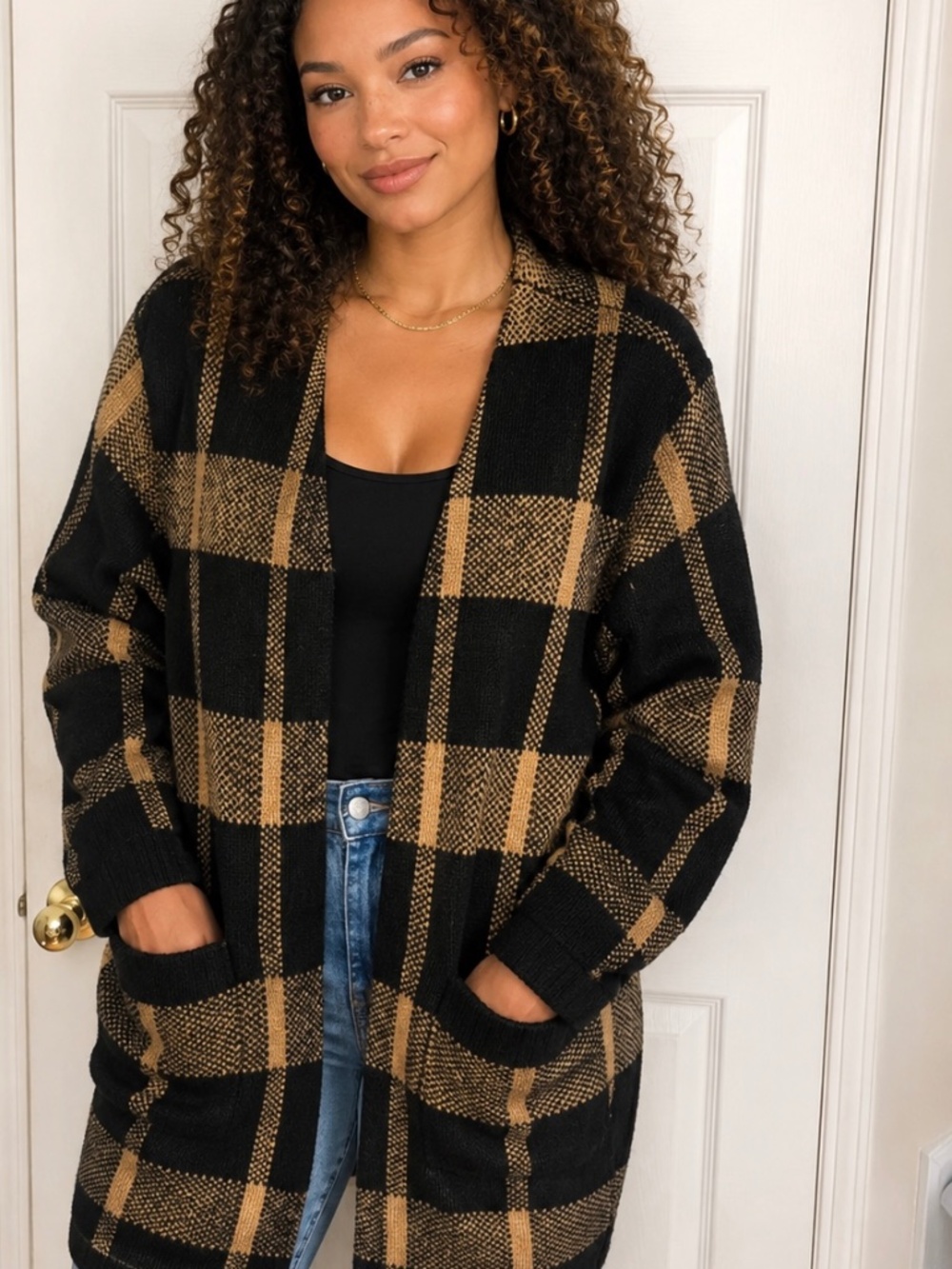 L Brand New Fashion Nova Plaid Knit Cardigan Sweater Black Beige/ Pocket